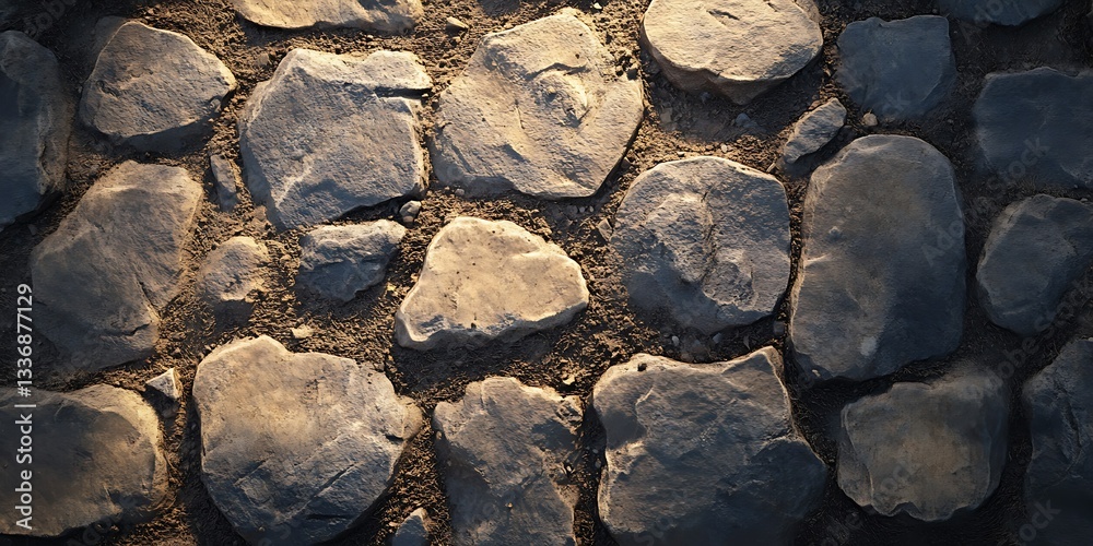Cobblestone path, sunlit stones, ground texture