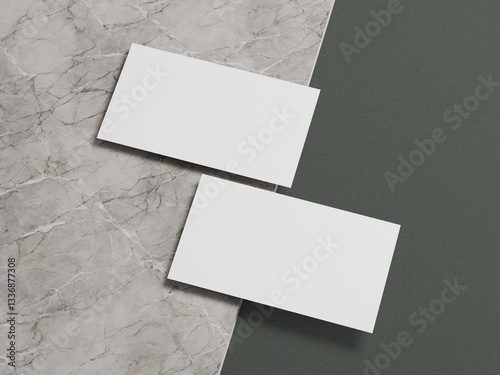 Clean business card mockup with two white cards aligned on a contrasting marble and green backdrop.