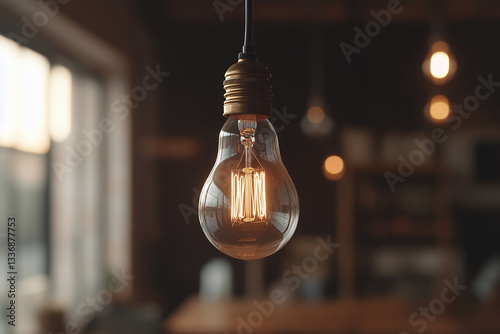 A close-up of a vintage Edison-style filament light bulb suspended in mid-air, softly glowing against a dark, moody background