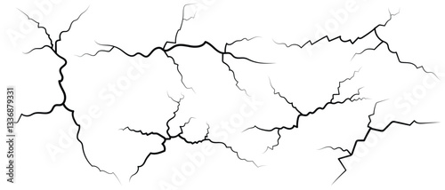 Surface cracks and fissures in ground.  Breaks on land surface from earthquake isolated on white background. Broken ground, wall, glass pattern effect.