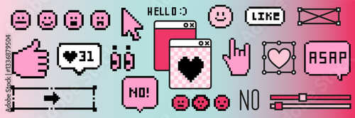 Y2K-inspired sticker set with pixelated icons on a gradient background, including a cursor, emojis, and speech bubbles, capturing a nostalgic digital aesthetic.