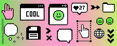Y2K-inspired sticker set with pixelated icons on a gradient background, including a cursor, emojis, and speech bubbles, capturing a nostalgic digital aesthetic.