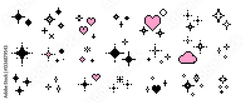 Pixel sparkling stars and hearts in pixel art style. Collection of glittering sparkles in Mood of 90's aesthetics. Y2K 8-bit retro style vector elements.