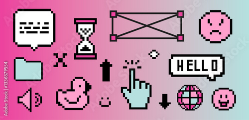 Y2K-style sticker set with pixelated icons on a pink gradient background, including cursors, UI retro elements and speech bubbles, capturing a nostalgic digital vaporwave vibe.