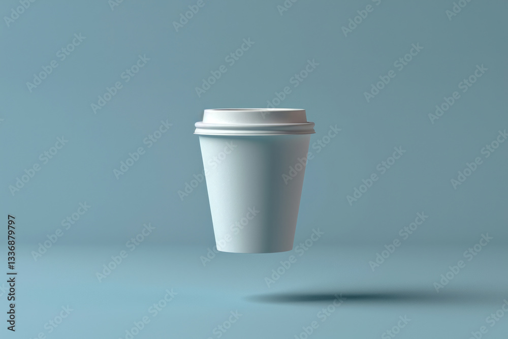 Beautiful white coffee glass floating in the air on a blue background Beautiful white coffee glass floating in the air on a blue background