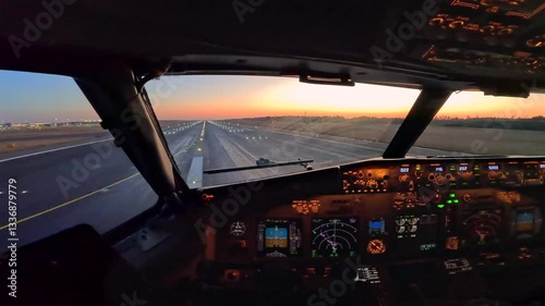 Cockpit view of a passenger jet taking off at dusk, stunning sky colors photo