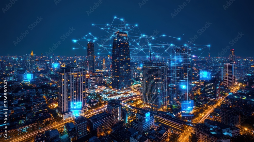Cityscape at night with digital network overlay. Possible use Stock photo for technology, innovation, urban design Cityscape at night with digital network overlay. Possible use Stock photo for technology, innovation, urban design