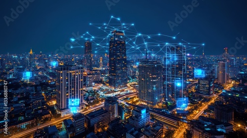 Wallpaper Mural Cityscape at night with digital network overlay. Possible use Stock photo for technology, innovation, urban design Torontodigital.ca