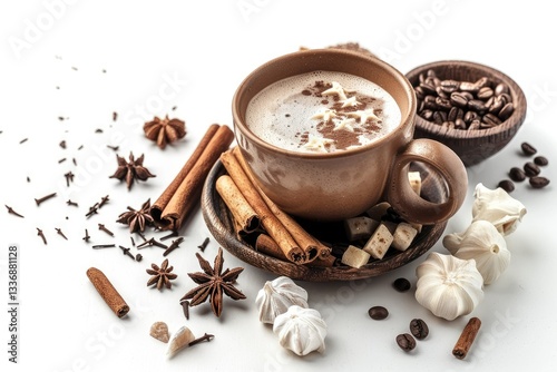 Detailed Color Picture of Cup of Hot Coffee and Other Ingredients Over White Background