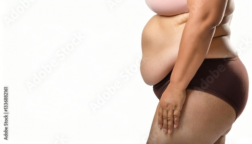 side profile of an obese leg with visible stretch marks and uneven fat distribution, on isolated white background
