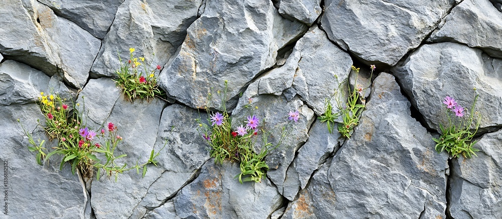 Wildflowers blooming in cracked rock face