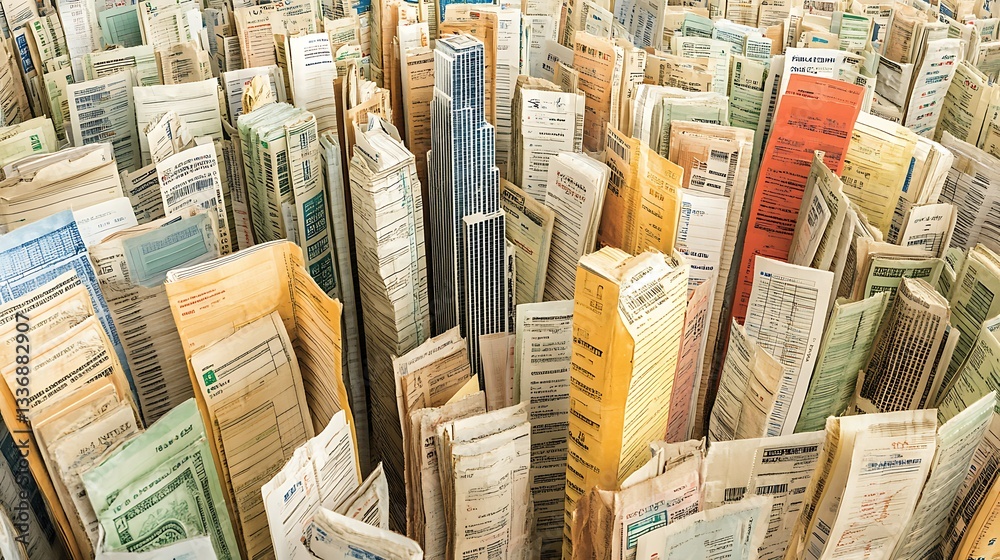 Paperwork city, stacked high, overhead view