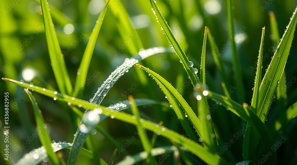 grass with dew drops, Macro photograph of dew-laden grass blades and vibrant green leaves with volumetric lighting. Visible light beams through dust or fog, shallow depth of field, crisp focus on fore grass with dew drops, Macro photograph of dew-laden grass blades and vibrant green leaves with volumetric lighting. Visible light beams through dust or fog, shallow depth of field, crisp focus on fore