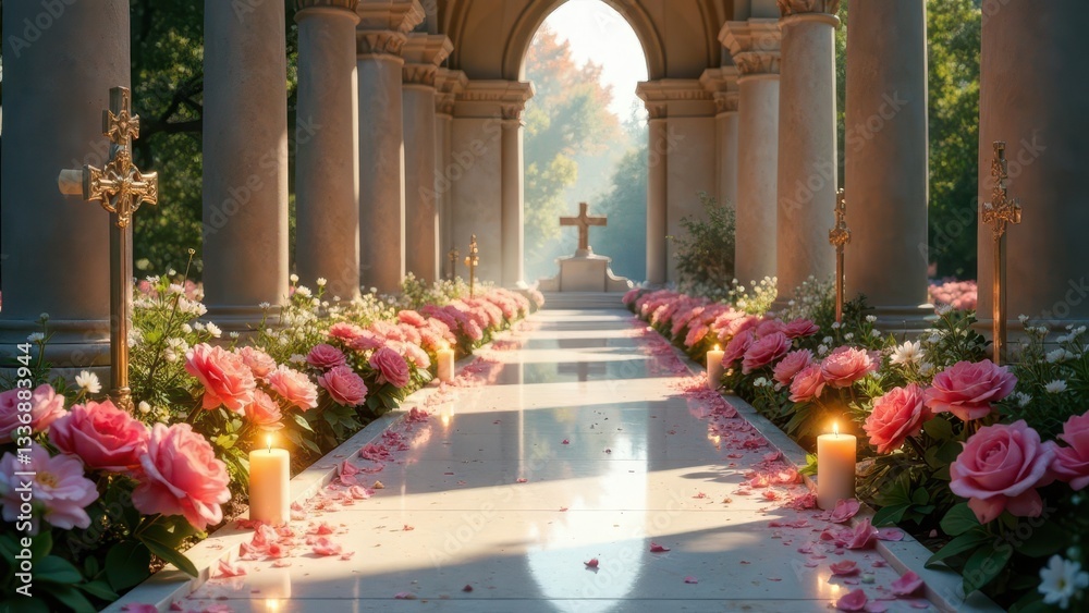 Fototapeta premium Serene Pathway to Tranquility Sunlit Colonnade with Pink Roses and Lit Candles Leading to a Simple Cross
