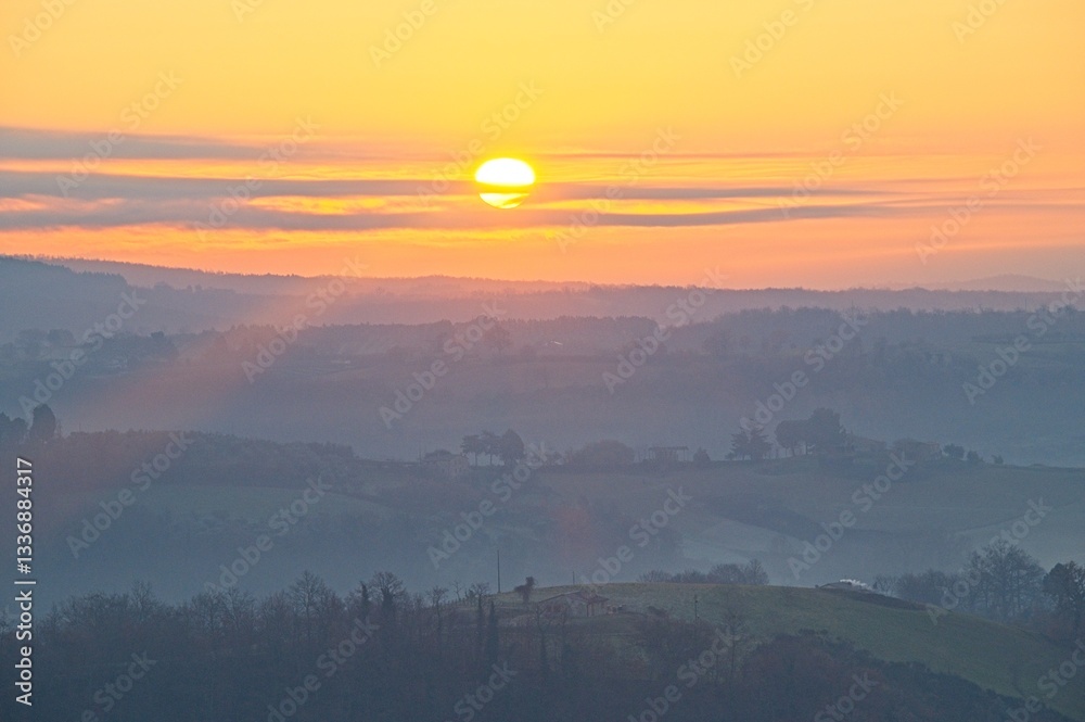 Fototapeta premium Sunrise and Fog Umbria Tuscany Italy January