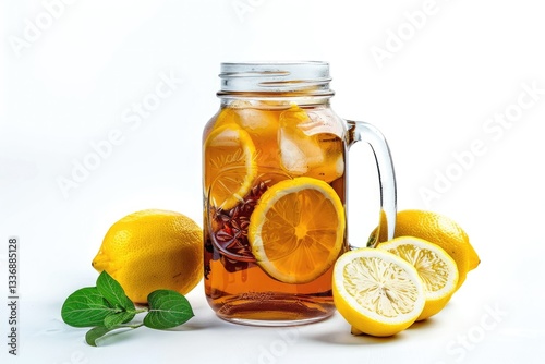 Vibrant Color Visual of Mason Jar of Refreshing Iced Tea with Lemon Slices on White Background
