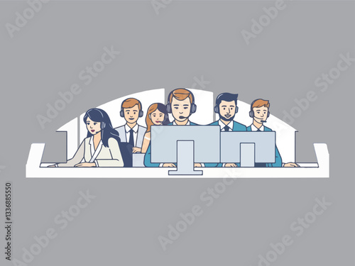 Call center customer care operators team with headsets at the desks in office. Flat vector illustration. Customer support service agents, men and women, talking with clients. Contact center assistants