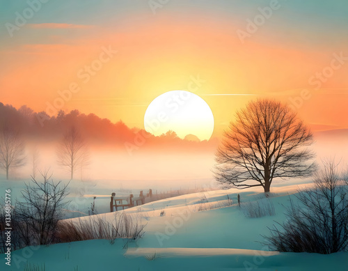 A serene winter sunrise over a snowy landscape, featuring a large pale yellow sun and a misty pastel sky blended with pinks and pale blues.