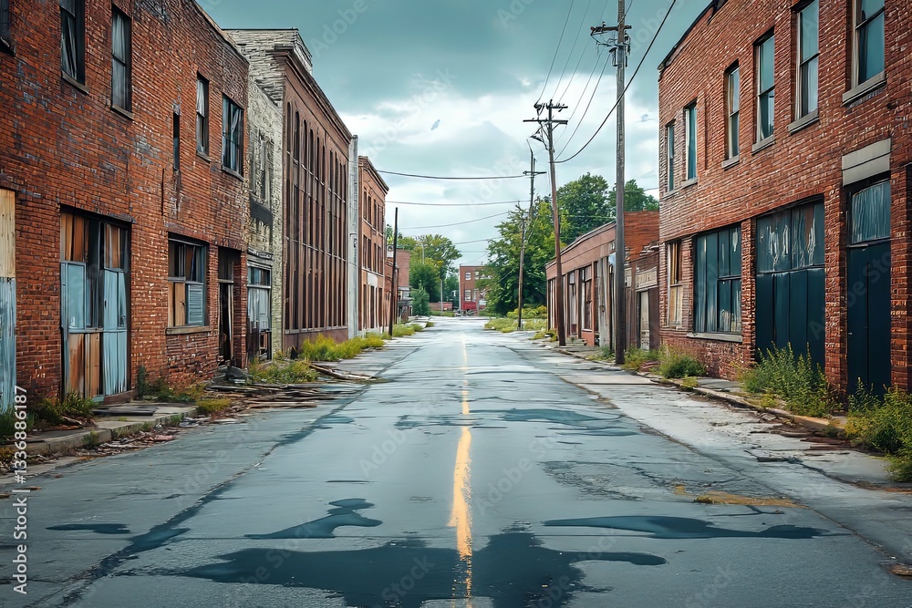 Obraz premium An abandoned brick building lined street under a cloudy sky