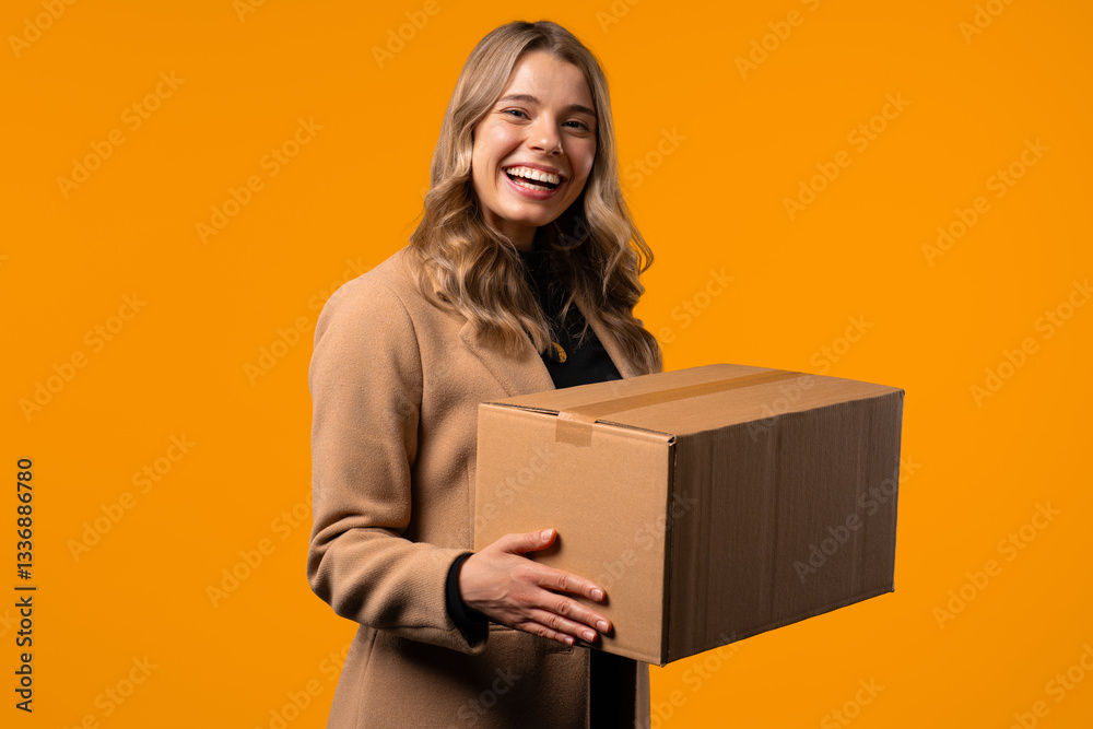Excited smiling businesswoman, online shopping consumer received cardboard order parcel box, desired purchase. Home courier delivery service. Sale, discounts Excited smiling businesswoman, online shopping consumer received cardboard order parcel box, desired purchase. Home courier delivery service. Sale, discounts