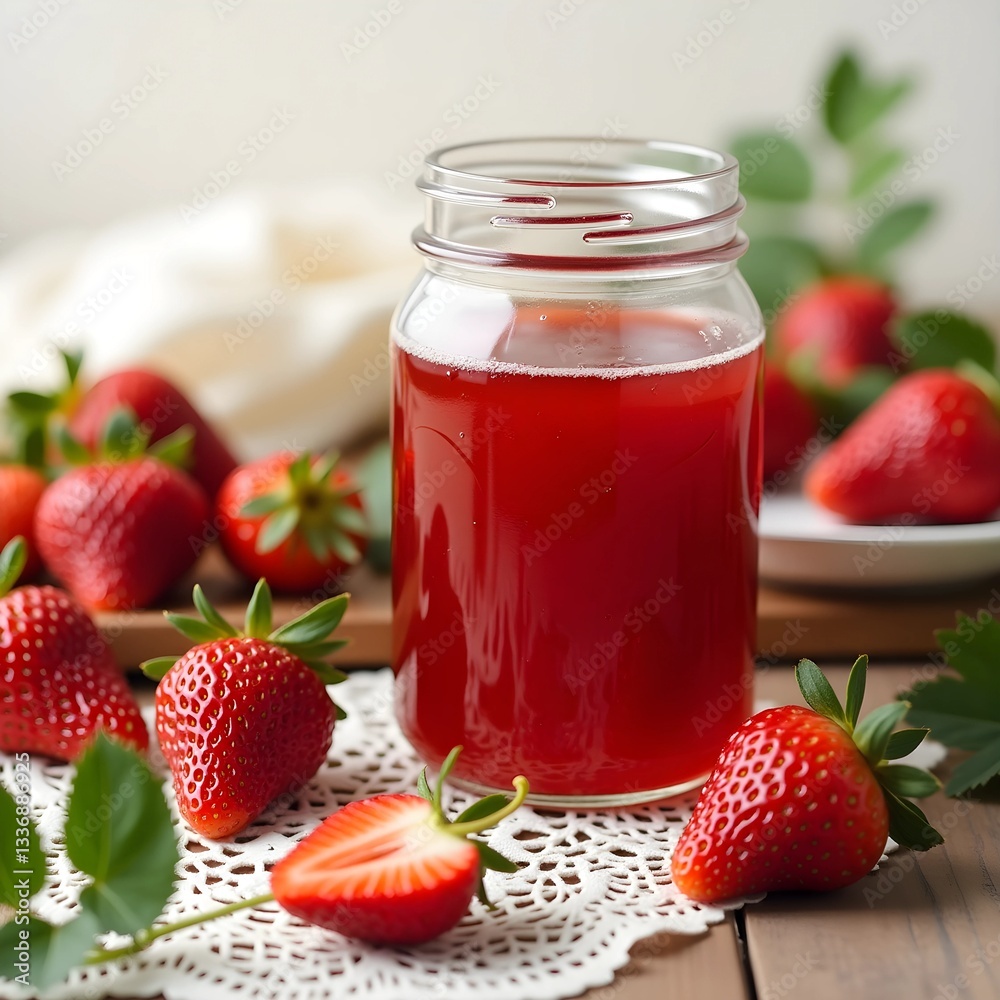 A clear glass jar filled with red strawberry jam A clear glass jar filled with red strawberry jam
