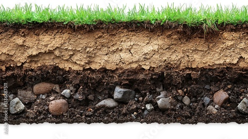 A cross-section image reveals a detailed view of soil layers from lush green grass down through topsoil subsoil and rocky subsoil.