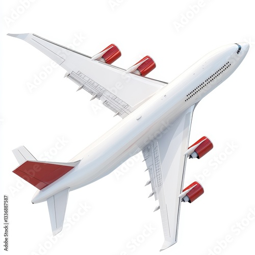 A white airplane with red accents is depicted in flight, showcasing its wings and engines from an aerial perspective.
