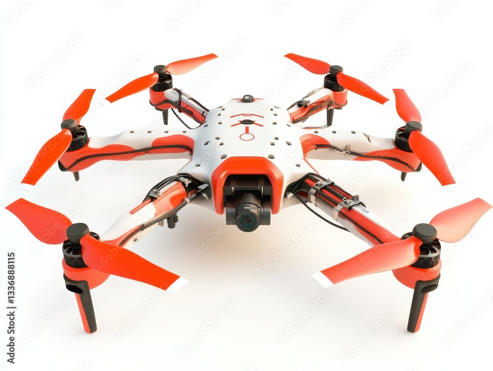 A sleek, modern drone with red propellers, showcasing advanced technology and design. A sleek, modern drone with red propellers, showcasing advanced technology and design.