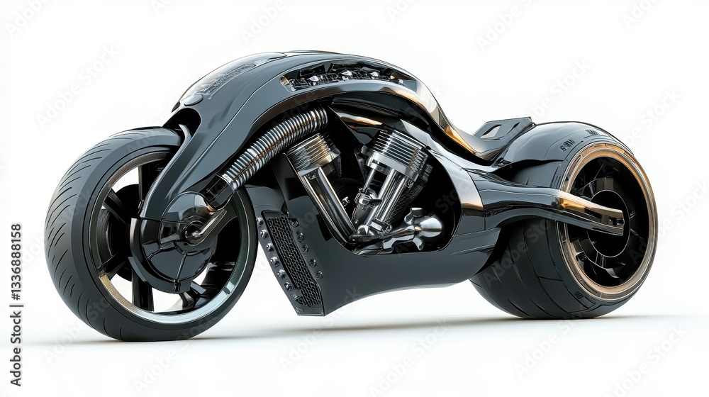 A sleek, futuristic motorcycle design featuring a black body and innovative engineering elements. A sleek, futuristic motorcycle design featuring a black body and innovative engineering elements.