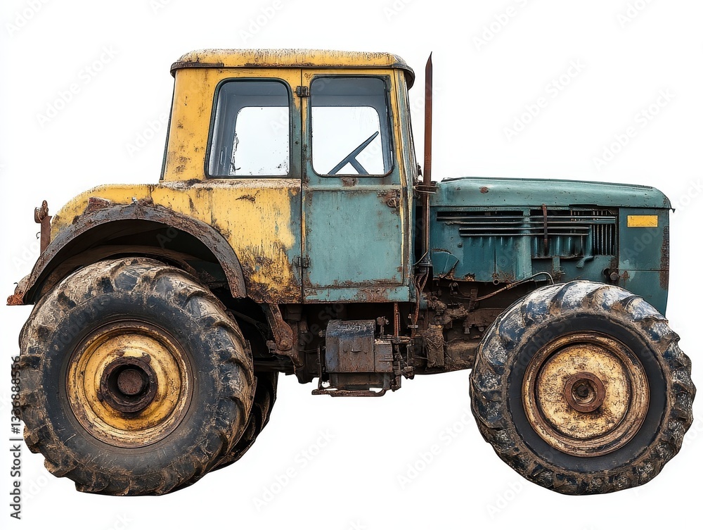 An old, rusty tractor with a yellow and green color scheme, showcasing wear and tear, highlighting agricultural machinery's vintage charm. An old, rusty tractor with a yellow and green color scheme, showcasing wear and tear, highlighting agricultural machinery's vintage charm.