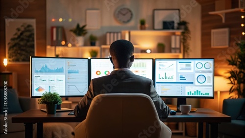 remote work culture productivity innovation technology innovation Professional analyzing data on multiple screens in a modern workspace.