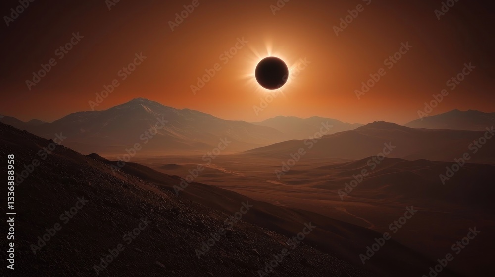 Fototapeta premium Total solar eclipse over mountainous desert landscape