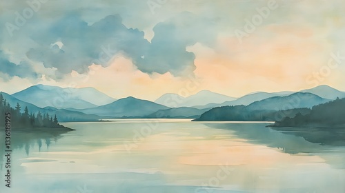 Serene lake, mountain vista, sunset hues