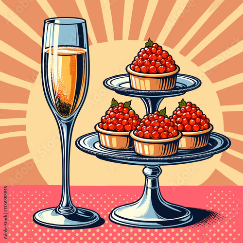 Elegant Champagne Glass and Red Caviar Tarts in Pop Art Style, colored vector 
