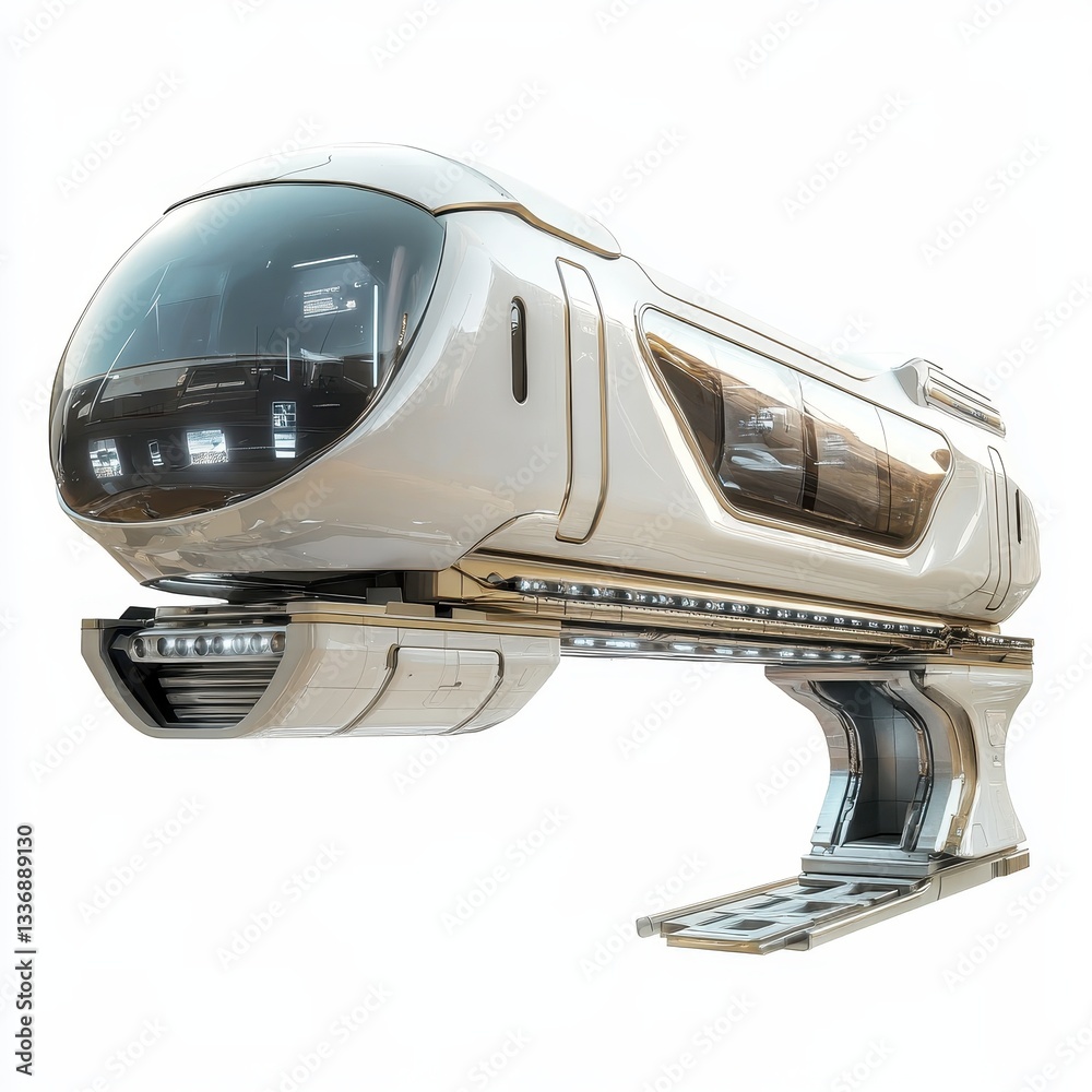 Obraz premium A futuristic transport vehicle with a sleek design, showcasing advanced technology and an aerodynamic shape, ready for a new era of travel.