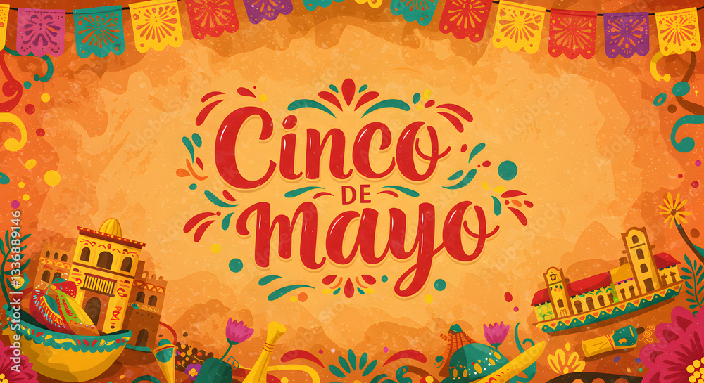 Fototapeta premium Cinco de Mayo Celebration Background with Colorful Papel Picado