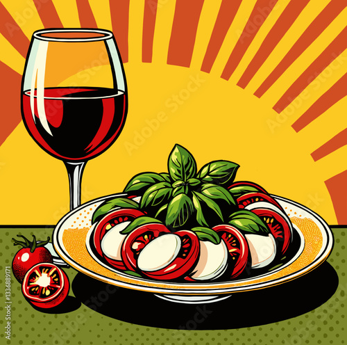 Caprese Salad and Glass of Red Wine in Pop Art Style, Colored Vector