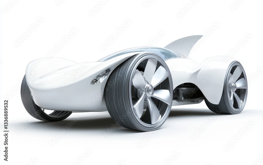 A sleek, futuristic design of a white car with large wheels and a streamlined body, showcasing innovative automotive engineering. A sleek, futuristic design of a white car with large wheels and a streamlined body, showcasing innovative automotive engineering.