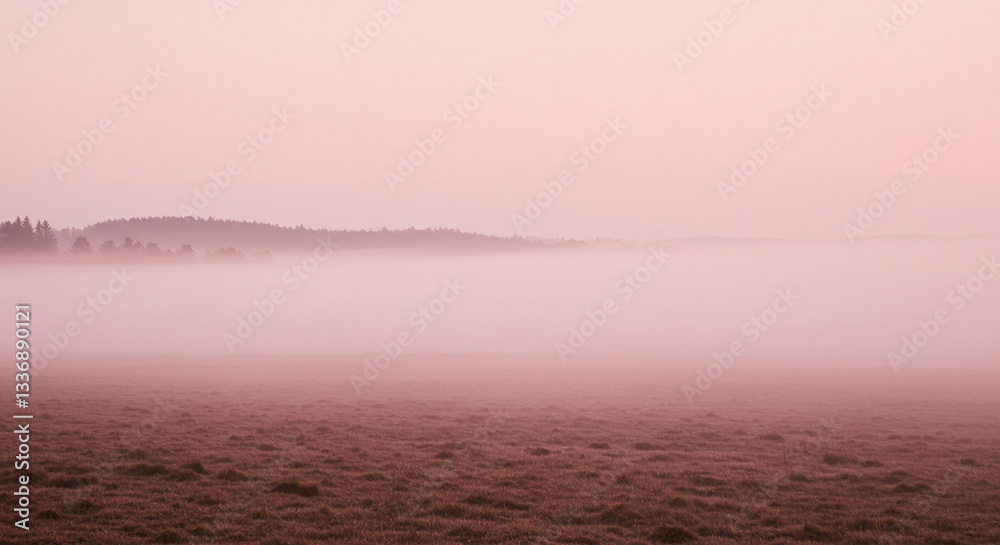 Obraz premium Serene Pink Dawn Misty Field and Distant Treescape
