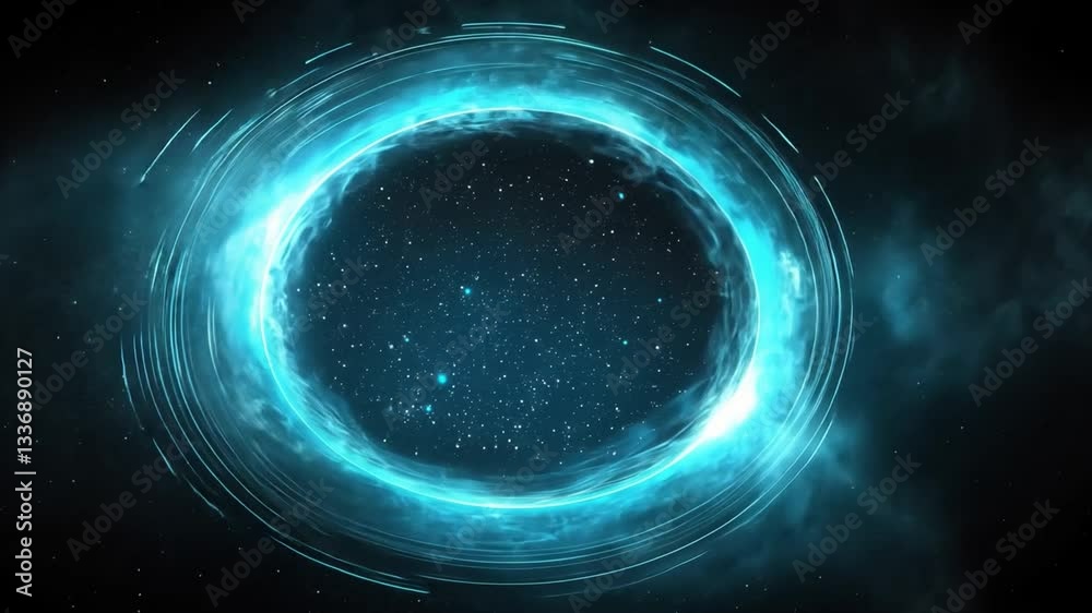 Abstract luminous blue portal with swirling energy and cosmic elements, representing a gateway to another dimension, deep space exploration, and fantasy realms