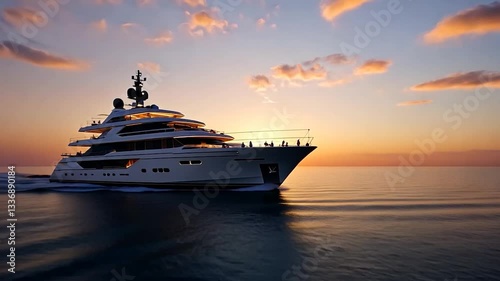 Luxurious yacht sailing at sunset, with calm waters and vibrant sky in the background
