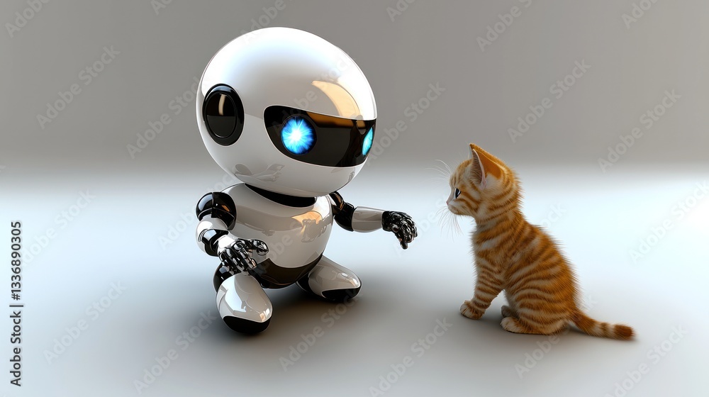 A cute robotic figure and an orange tabby kitten face each other, creating a heartwarming scene of friendship and connection. A cute robotic figure and an orange tabby kitten face each other, creating a heartwarming scene of friendship and connection.