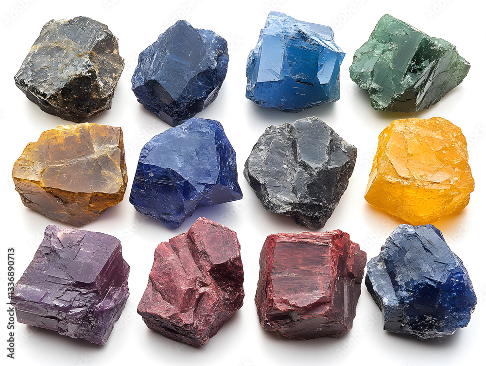 Obraz premium Colorful Selection of Natural Gemstones Arranged on a Slate Tray Indoors, Showcasing Vibrant Hues and Unique Shapes During Daylight