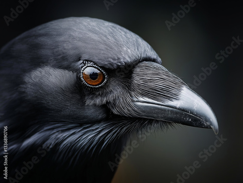 Extreme close-up of a black raven’s head with sharp details, glossy feathers