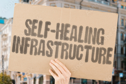 Wallpaper Mural "Self-healing infrastructure" on worn cardboard. Highlights roads and bridges that use living materials for repairs. BACTERIA. CONCRETE. ASPHALT. REGENERATION. DURABILITY. MAINTENANCE. INNOVATION Torontodigital.ca