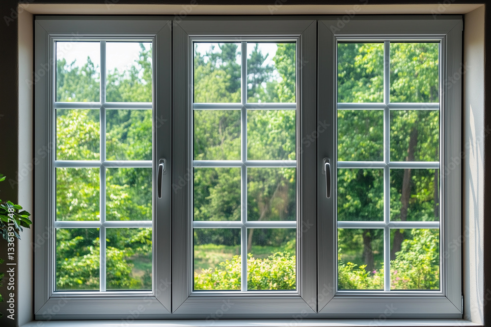 Fototapeta premium Beautifully designed triple window showcasing vibrant greenery in a home interior, enhancing natural light and outdoor views in perfect harmony