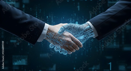 Un hombre de negocios y un robot se dan la mano para hablar sobre innovación tecnológica, avances en el aprendizaje automático y alianzas con la futura Inteligencia Artificial General.
