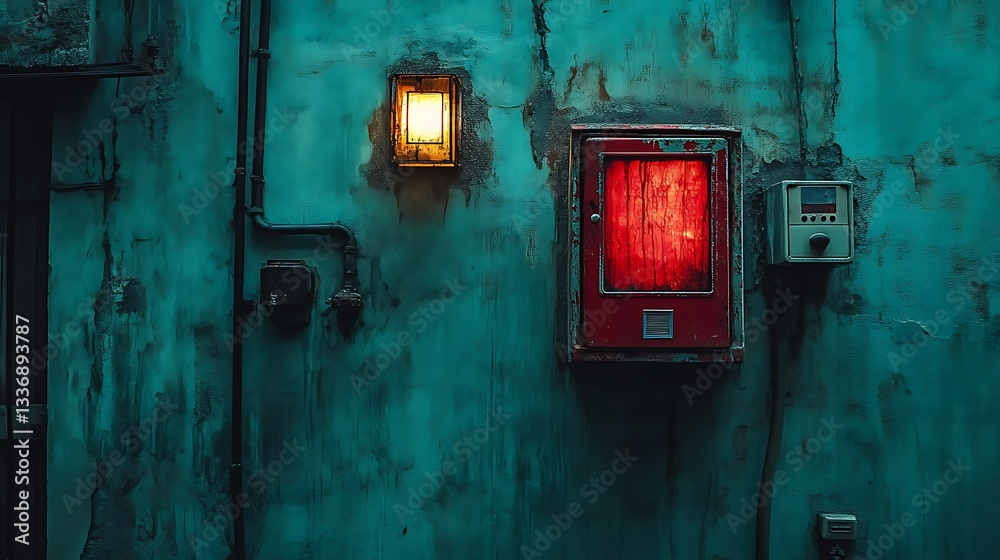 Glowing red box on weathered teal wall
