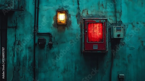 Obraz na płótnie Glowing red box on weathered teal wall w salonie