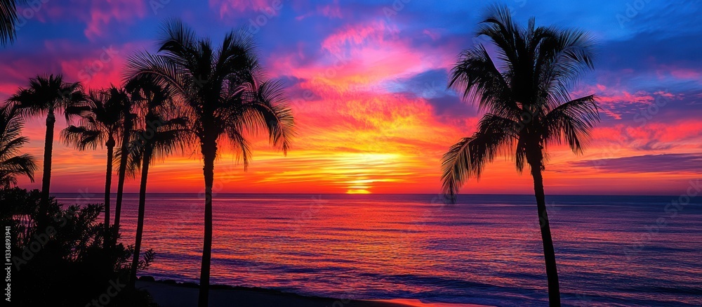 Obraz premium A Vibrant Coastal Sunset Illuminates Palm Trees And Calm Ocean Water